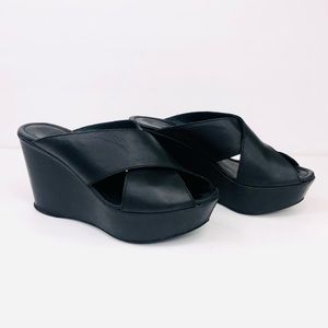 RIVIERA Black Sandal Leather Platform Wedge 39